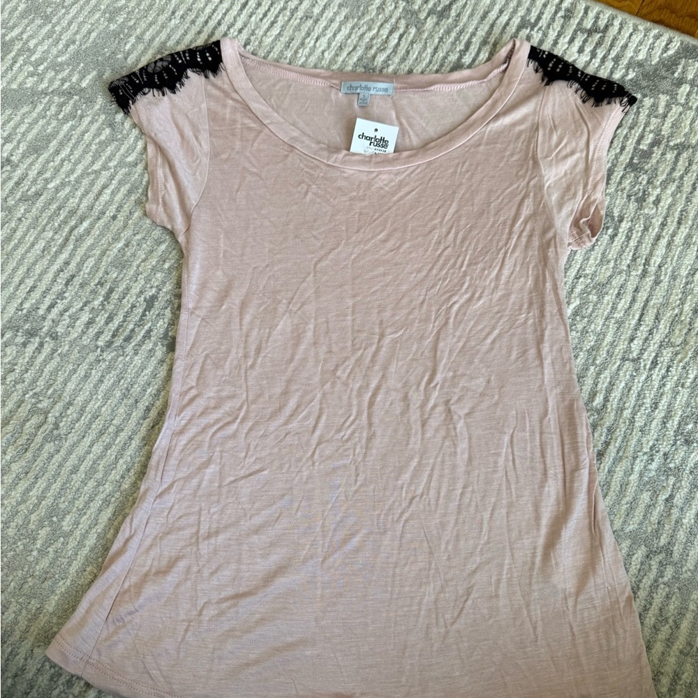 Charlotte Russe Blush Pink Short Sleeve Top with Black Lace Shoulders